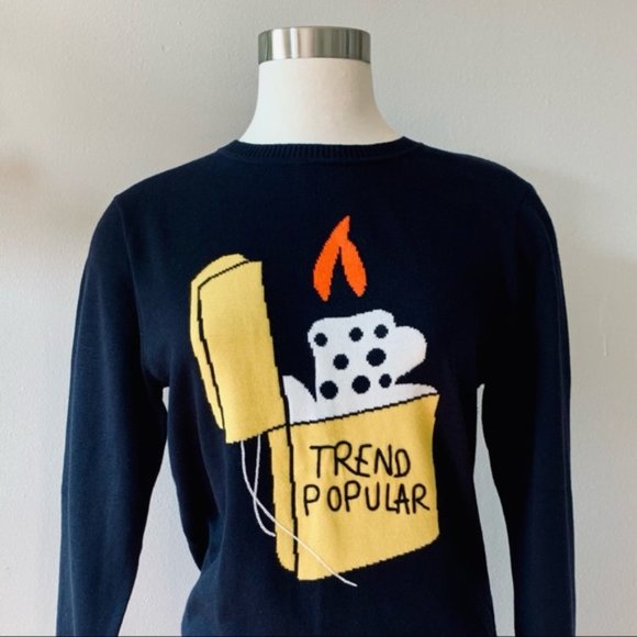 Vintage Sweaters - “Trend Popular” Pop Art sweater unique navy blue intarsia knit pullover S/M